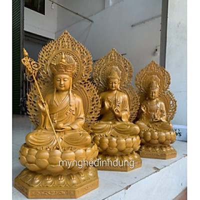 Bộ tượng phật tam thánh bằng gỗ hương đá sơn vàng kt cao 50×35×30cm+lá chắn hào quang là 65cm 