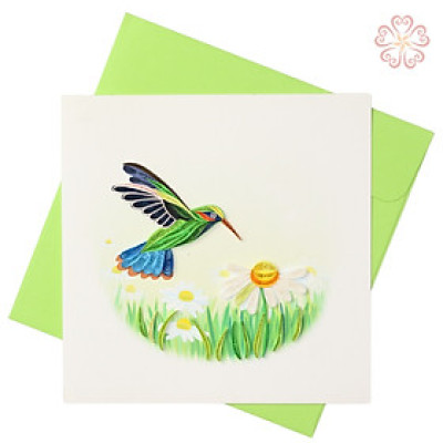 Thiệp Giấy Xoắn Nghệ Thuật - chú chim cùng cánh đồng hoa cúc - size 15x15cm