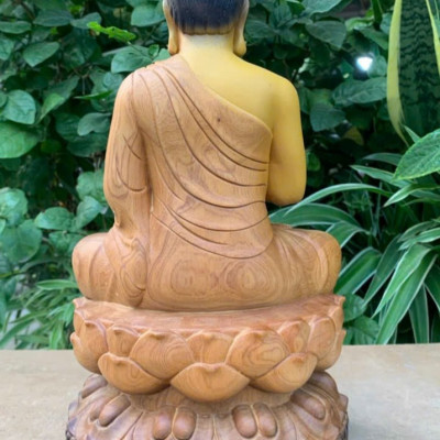 Tượng phật liên hoa bằng gỗ bách xanh thơm nức sơn pu giả cổ kt cao 30×14×17cm 