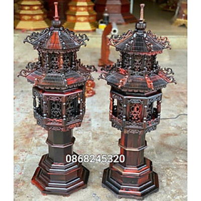 CẶP ĐÈN THỜ BẰNG GỖ TRẮC ĐỎ ĐEN KT CAO 100×35CM