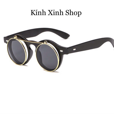 Kính Mát Nam Nữ Mắt Tròn Nhỏ 2 Tròng Lật Nắp Kính Râm Thầy Bói