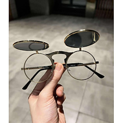 Kính râm unisex nam nữ Mắt tròn 2 lớp bật nắp gọng kim loại