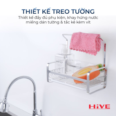 Rổ đựng dụng cụ rửa chén HiVE (NEW COLLECTION) Kèm Hộp nhựa + Khay nhựa + Miếng dán tường