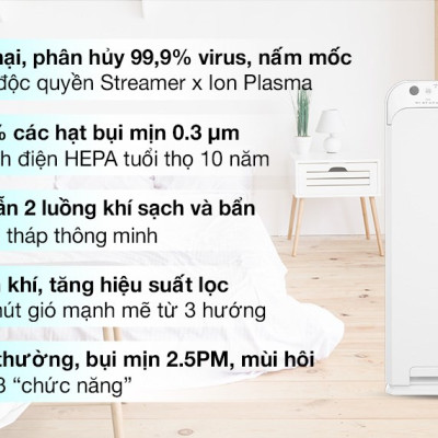 Máy Lọc Không Khí Daikin MCK55TVM6 Công nghệ Streamer 3C Tích Hợp Ion Plasma Lõi Lọc Tuổi Thọ Lên Đến 10 Năm, Diệt Khuẩn Và Lọc Sạch 99,97% Bụi Bẩn, Diện Tích Sử Dụng 40 m2, Công Suất 58W - Hàng Chính Hãng