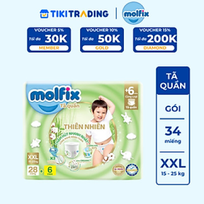 Tã/bỉm quần Molfix Thiên nhiên Jumbo XXL (15kg - 25kg) - Gói 28+6 miếng