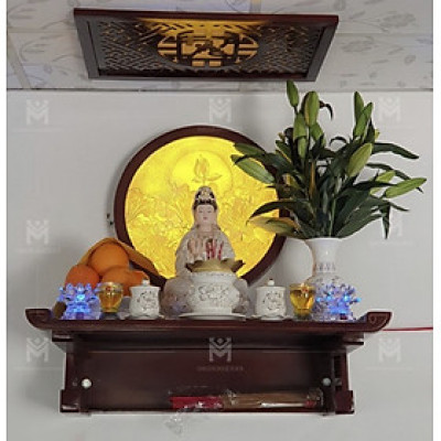 Combo bự bàn thờ chung cư kt 81cm bằng gỗ sồi + ám khói + đèn led ốp hậu bàn thờ