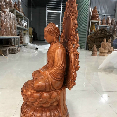 Tượng phật thích ca bằng gỗ hương đá kt cao 50×25×25cm + lá chắn hòa quang 60cm