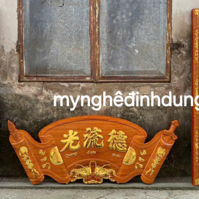 Bộ hoành phi câu đối bằng gỗ hương sơn pu giả cổ đẹp long lanh 