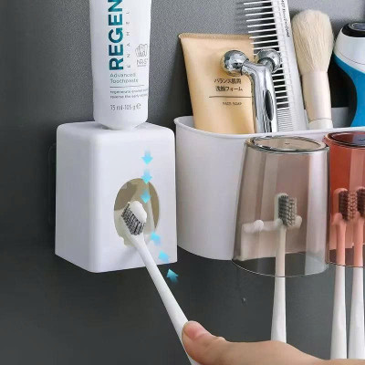 Bộ Nhả Kem Đánh Răng Tự Động Dán Tường – Thiết Kế Cao Cấp, Kèm 4 Cốc Chống Bụi