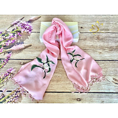 Lụa Tơ Tằm Bảo Lộc Thêu Tay Hoa Ngọc Lan 200x55cm SenSilk, Quà Việt Nam, Hand Embroidery Silk
