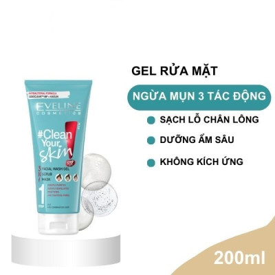 [ MUA son dưỡng môi ] Gel rửa mặt sạch sâu ngừa mụn Eveline 3 trong 1 Clean Your Skin 200ml ( mẫu mới)