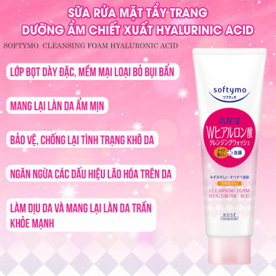 Sữa Rửa Mặt Dưỡng Ẩm Ngăn Ngừa Lão Hóa Da Kosé Softymo Cleansing Foam Hyaluronic Acid (190 G)