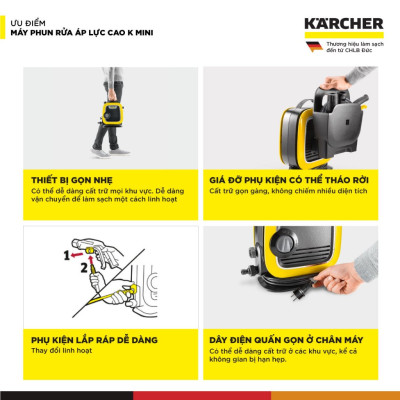 (Mới 2025) Máy phun rửa áp lực cao Karcher K Mini - Công suất 1400W, áp lực tối đa 110 bar nhỏ gọn - Bảo hành 24 tháng - Hàng Chính Hãng