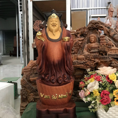 Tượng phật ông thần tài hoan hỷ bằng gỗ hương đá liền khối tô làm mầu giả cổ kt 60×22×15cm