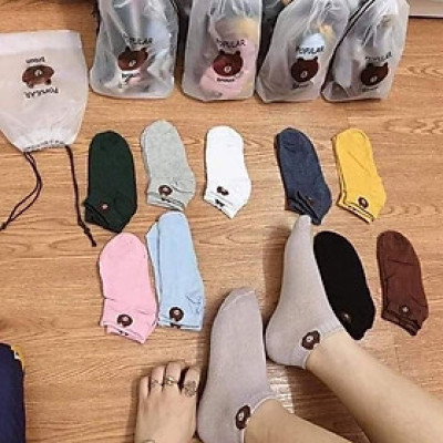 Set 10 đôi tất gấu , hoa cúc nữ ,cổ ngắn nhiều màu dễ thương vải cotton đẹp và bền kèm túi dây rút xinh xắn cute cho phái nữ