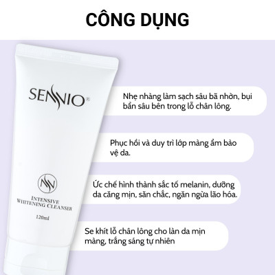 Sữa rửa mặt dưỡng trắng da Sennio Intensive Whitening Cleanser tạo bọt cấp ẩm phù hợp cho da nhạy cảm 120ml SNO 601