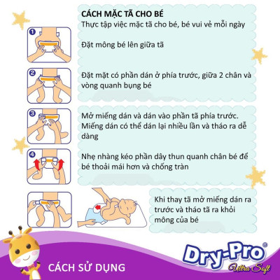 Combo Tã/bỉm dán Dry-Pro S26 (3kg-7kg) + tặng 1 gói khăn ướt Pur 80 tờ cho bé