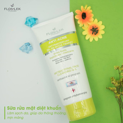[Quà tặng] Sữa rửa mặt diệt khuẩn cho da nhờn mụn Floslek Anti Acne Bacterial Face Cleansing Gel 200ml + Tặng bọt biển