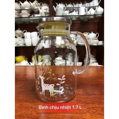 Bình đựng nước uống thủy tinh cao cấp nắp inox 1.7l ( Giao hoa ngẫu nhiên )