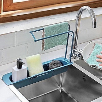 Kệ Nhựa Dài Co Dãn Để Bồn Đựng Đồ Rửa Chén, Có Khay Treo Khăn Lau Tay Nhà Bếp Mới GROFA - Giao Màu Ngẫu Nhiên 