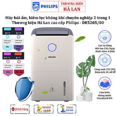 Máy hút ẩm kiêm lọc không khí cao cấp Philips DE5205/00 Cảm biến chất lượng không khí: 4 màu cho diện tích 31-40(㎡ ) - HÀNG NHẬP KHẨU