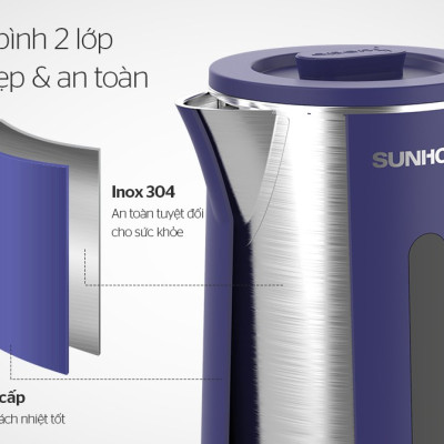 Ấm Siêu Tốc Inox 2 Lớp 1.8L Sunhouse SHD1355 - Hàng Chính Hãng