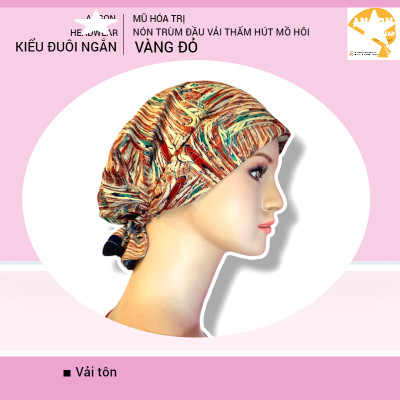Nón hóa trị vải mềm mát, hút mồ hôi, bệnh nhân ung thư, chemo hat, nón trùm đầu [KIỂU ĐUÔI NGẮN-VÀNG ĐỎ] 