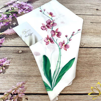 Khăn Vuông Cao Cấp Lụa Vẽ Tay Hoa Lan SenSilk – Quà Lưu Niệm Việt, Khăn Lụa Thời Trang