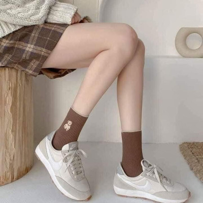 Tất Nữ Cổ Cao, Set 5 Đôi, Tất Cao Cổ Nữ, Hoạ Tiết Gấu, Chất Liệu Cotton Dày Dặn, Phong Cách Hàn Quốc