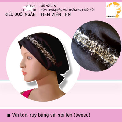 Nón hóa trị vải mềm mát, hút mồ hôi, bệnh nhân ung thư, chemo hat, nón trùm đầu [KIỂU ĐUÔI NGẮN-ĐEN VIỀN LEN] 