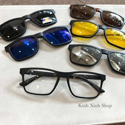 Kính Mắt Thời Trang Cận Râm, Gọng Kính Cận Bộ 5 Tròng Râm 6in1 Mắt Vuông Unisex Cho Nam Nữ