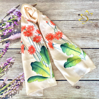 Khăn Lụa Cao Cấp Vẽ Tay Hoa Đồng Tiền SenSilk – Quà Tặng Doanh Nhân, Khăn Quàng Cổ Lụa Tơ Tằm Bảo Lộc 180x55cm