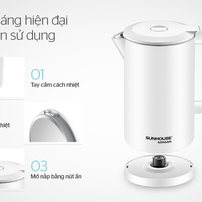 Ấm Siêu Tốc INOX 2 Lớp 1.7L SUNHOUSE MAMA SHD1386W - Hàng Chính Hãng