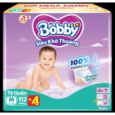 [TẶNG KÈM 4 MIẾNG] Tã quần Bobby Siêu Khô Thoáng - 100% Thoáng Khí Mega Jumbo M112+4