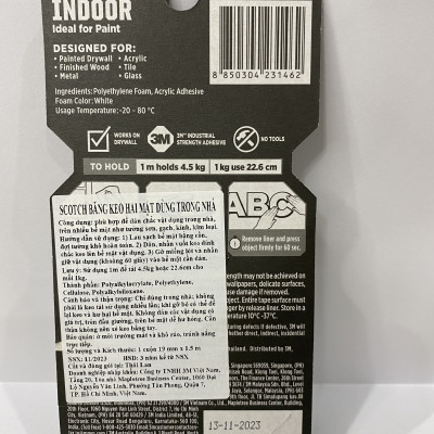Băng dính hai mặt siêu dính 3M SCOTCH dùng trong nhà 110-S19, 19 mmx 1.5 m