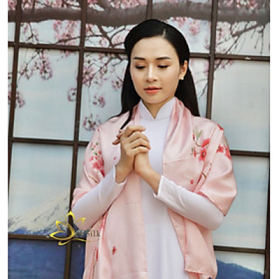 Khăn Lụa Tơ Tằm Vẽ Tay SenSilk Limited Hoa Đào - Quà Tặng May Mắn, 100% Silk made in Vietnam 180x55cm