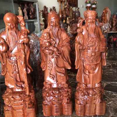 Bộ tượng phật tam đa phúc lộc thọ bằng gỗ hương đá vân veo đẹp kt cao 70×20×17cm