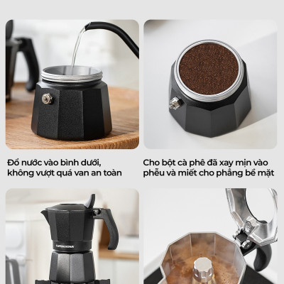 Bình moka nhôm 2 cup 90ml màu đen CAFE DE KONA