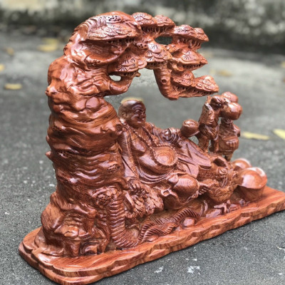 Tượng phật di lặc tam phúc ngồi ngự gốc cây tùng  bằng gỗ hương đa kt 45×32×15cm