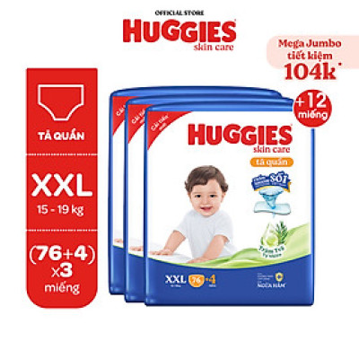  Combo 3 Tã/bỉm quần Huggies Skin Care Mega Jumbo M106/L96+8/ XL84+4/XXL76+4 với tràm trà dịu da