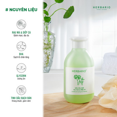 Sữa rửa mặt rau má và diếp cá Herbario 200ml thuần chay hết dầu nhờn, sạch mụn làm sạch lỗ chân lông - Vegan Mỹ phẩm thuần chay
