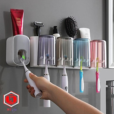Bộ dụng cụ nhả kem đánh răng tự động 4 cốc và giá treo bàn chải đa năng HT SYS-ECOCO-E1922-chất liệu ABS cao cấp