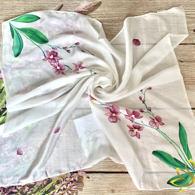 Khăn Vuông Cao Cấp Lụa Vẽ Tay Hoa Lan SenSilk – Quà Lưu Niệm Việt, Khăn Lụa Thời Trang