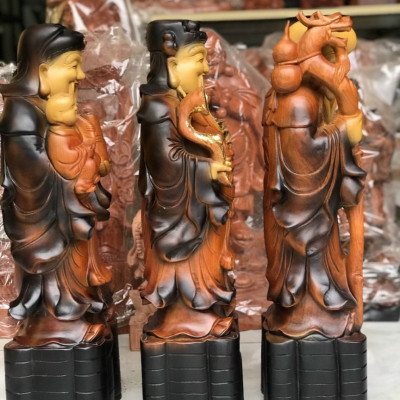 Bộ tượng phật tam đa phúc lộc thọ bằng gỗ hương đá tô làm mầu giả cổ kt cao 30×12×8cm