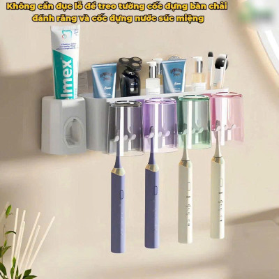 Bộ Nhả Kem Đánh Răng Tự Động Dán Tường – Thiết Kế Cao Cấp, Kèm 4 Cốc Chống Bụi