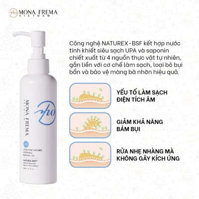 Gel Rửa Mặt Làm Dịu Da Chiết Xuất Từ Thực Vật NATUREX SOOTHING REMOVAL GEL MONA FREMA 200ml Tẩy Trang Nhẹ Nhàng Hiệu Quả, Loại Bỏ Bụi Bẩn, Màng Bã Nhờn, Công Nghệ Làm Sạch Điện Âm, Giữ Ẩm, Tạo Cảm Giác Thoải Mái Mà Không Căng Da.