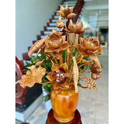 Bình hoa sen 25 cành ,trang trí phòng khách ,phòng thờ chum cắm gỗ hương đỏ ,hoa lá gương bằng gỗ ngọc am thơm phức  đẹp long lanh