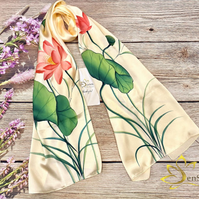 Khăn Lụa Vẽ Tay SenSilk Limited - Mẫu Hoa Sen (Nude - Hồng - Xanh), Quà Tặng Đẳng Cấp Silk Painting 180x55cm, Lụa Tơ Tằm Bảo Lộc Cao Cấp