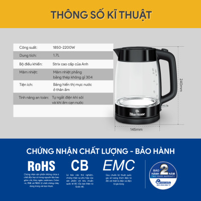 Ấm Đun Thủy Tinh BlueStone KTB-3428 - 1.7 Lít - 1850-2200W - Bộ Điều Khiển: Strix - Bảo Hành 2 Năm - Hàng Chính Hãng