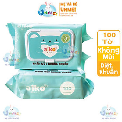Khăn Ướt Aiko Kháng Khuẩn màu Xanh - 100 tờ/gói - Không Hương - 01 Gói